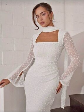 White Textured Square-Neck Midi Dress with Sheer Beaded Sleeves